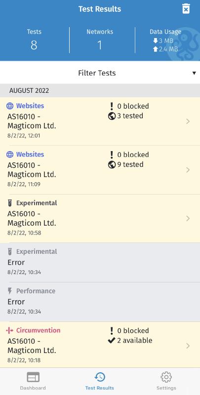 Test results page Test results page